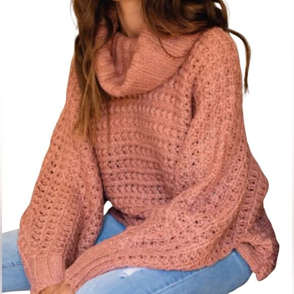 Pink Rose pink Mauve loose knit cowl neck sweater size medium - Picture 1 of 6